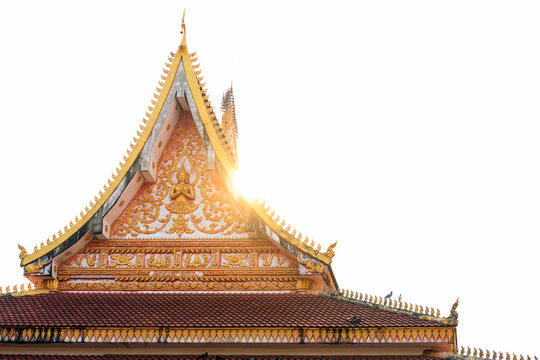 Close-up view of the beautiful Wat Xieng Thong (Golden City Temple) at sunset in Luang Prabang, Laos. Wat Xieng Thong is one of the most important of Lao monasteries.