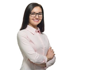 Portrait of young confident smiling woman in glasses with folded hands on white isolated...