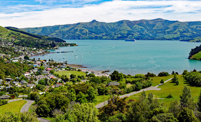 Overlook of scenic Akaroa on the Banks Peninsula, Canterbury, South Island, New Zealand - 251039003