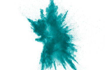 Holi powder Festival.Green color powder explosion cloud on white background. Green dust splash.