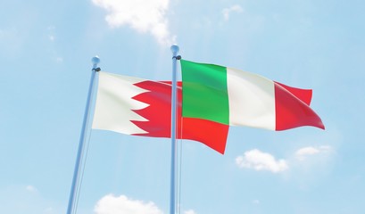 Italy and Bahrain, two flags waving against blue sky. 3d image