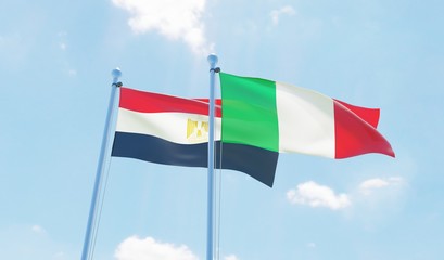 Italy and Egypt, two flags waving against blue sky. 3d image
