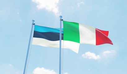 Italy and Estonia, two flags waving against blue sky. 3d image