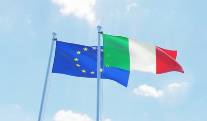 Italy and EU, two flags waving against blue sky. 3d image