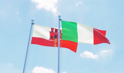 Italy and Gibraltar, two flags waving against blue sky. 3d image