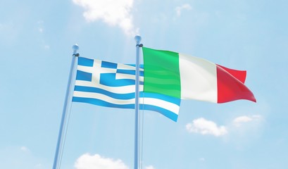Fototapeta premium Italy and Greece, two flags waving against blue sky. 3d image