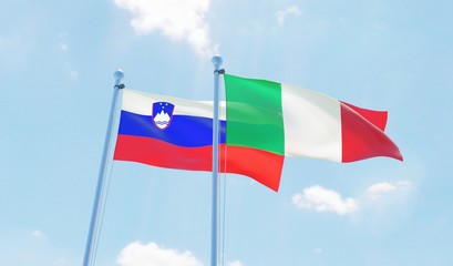 Italy and Slovenia, two flags waving against blue sky. 3d image