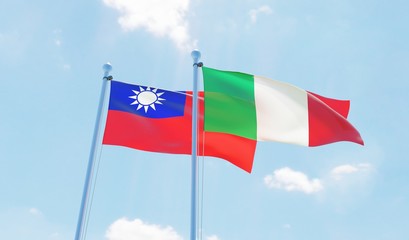 Italy and Taiwan, two flags waving against blue sky. 3d image