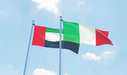 Italy and UAE, two flags waving against blue sky. 3d image