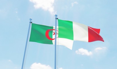 Italy and Algeria, two flags waving against blue sky. 3d image