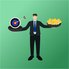 Businessman holding balance between target and idea