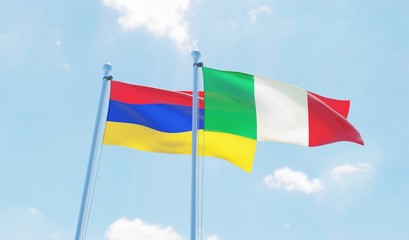 Italy and Armenia, two flags waving against blue sky. 3d image