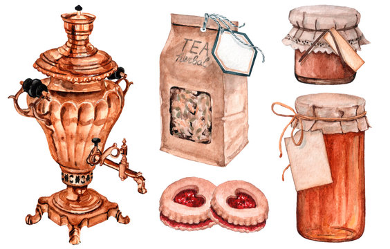 Watercolor set of big gold teapot with herbal tea packaging and sweets for tea party