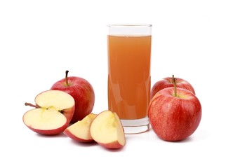  apple juice - sliced ​red apples and a glass of naturally cloudy apple juice in front of white...