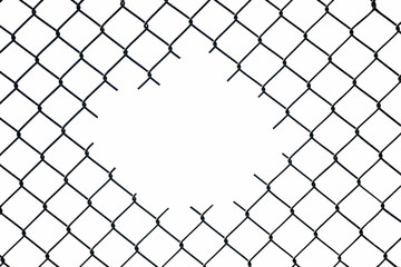 Hole in the center of mesh wire fence on white background