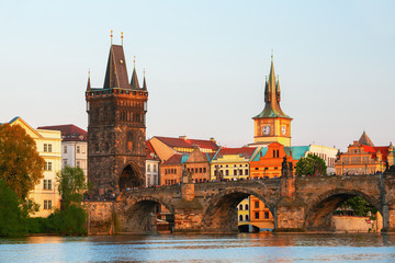 Fototapeta premium Scenic view on Vltava river and historical center of Prague,buildings and landmarks of old town, Prague, Czech Republic