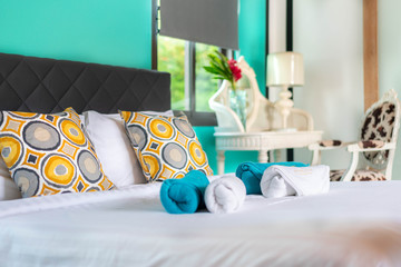 Luxury real Interior design in bedroom of pool villa with cozy king bed. with high raised ceiling  home, house ,building