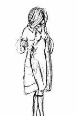 fashion model in a fur coat looking down