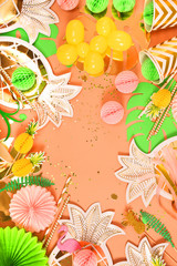Festive background. Tropical theme. Summer. Hawaii. Party, birthday. View from above. Flat lay.