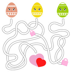 Color abstract labyrinth. Kids worksheets. Activity page. Game puzzle for children. Cute egg toon, the way to the heart, holiday, Easter. Maze conundrum. Vector illustration.