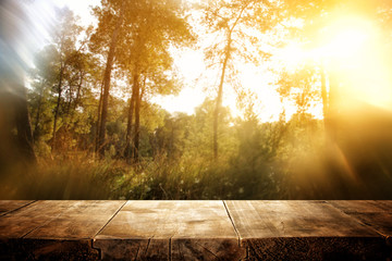 Naklejka na ściany i meble photo of front rustic wooden table and background forest