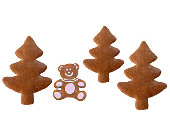 Brown bear in a forest - original idea with gingerbread cookies, isolated on white background