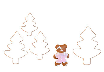 Friendly gingerbread bear in a forest - original idea, isolated on white background