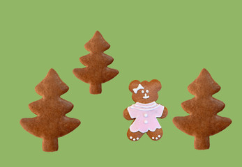 Friendly bear in a forest - original idea, gingerbreads isolated on green background