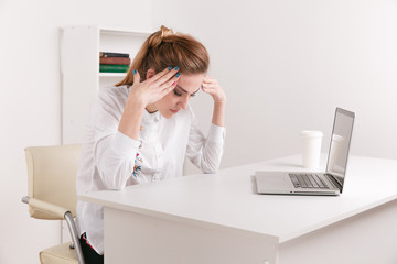 Stressedbusinesswoman having headache at work concept, frustrated dizzy chinese woman touching...
