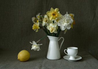 still life with tulips and lemon