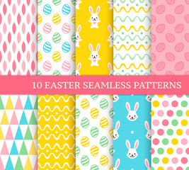 Ten different Easter seamless patterns. Endless texture for wallpaper, fill, web page background, texture. Colorful cute background with waves, stripes, Easter rabbits and eggs