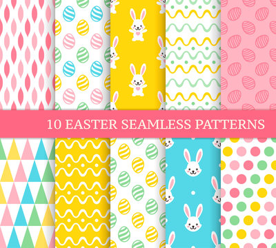 Ten different Easter seamless patterns. Endless texture for wallpaper, fill, web page background, texture. Colorful cute background with waves, stripes, Easter rabbits and eggs