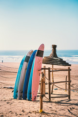 Different colors of surf on a the sandy beach in Casablanca - Morocco. Beautiful view on sandy...