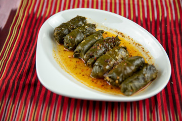 Six grape leaves stuffed with rice and spices, served on a white plate with a drizzle of olive oil and spices, set against a vibrant red and gold striped background.