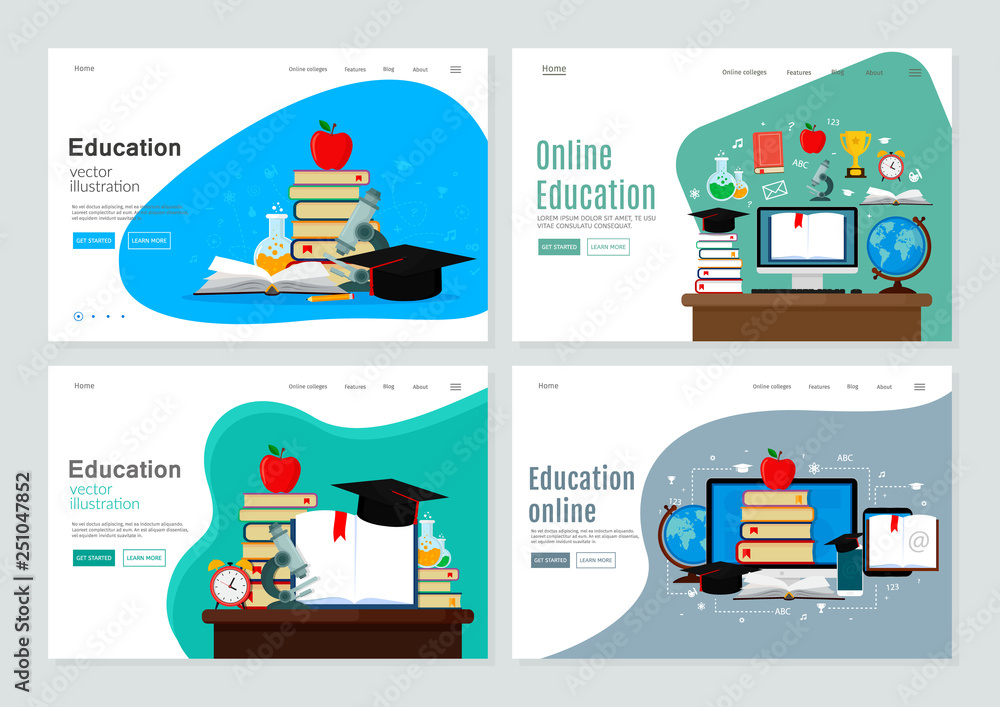Aufkleber set of landing page template for education and e-learning. set of objects for education. vector mode