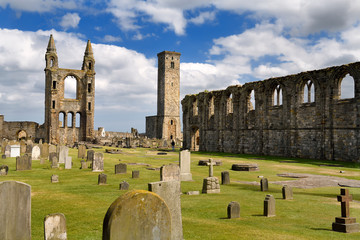 14th Century ruins of east tower and south wall of St Andrews Cathedral nave with 12th Century St Rules Tower St Andrews Fife Scotland UK