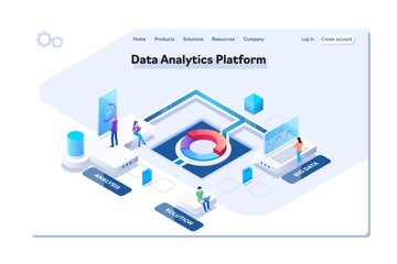 Data analytics platform isometric vector illustration.People interacting with charts and analyzing statistics. Data visualization concept.