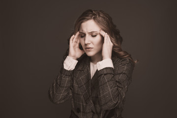 Health And Pain. Stressed Exhausted Young Woman Having Strong Tension Headache. Closeup Portrait...