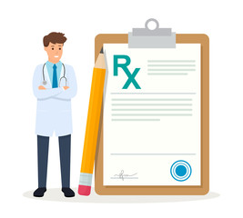Medicine illustration isolated on white background. Doctor writing RX medical prescription. Healthcare and pharmacy concept. Flat style.