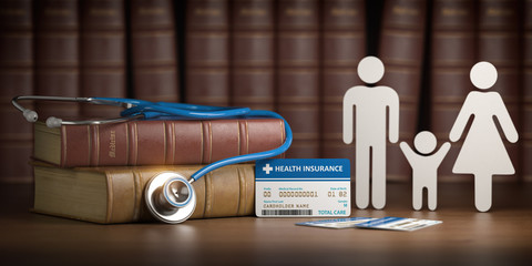 Medical health insurance concept. Family with stethoscope and plastic card.