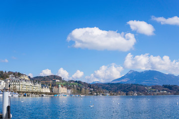 Fototapeta premium View of lake Lucerne with the view of mountains and Swiss Alps in the background, sunny day