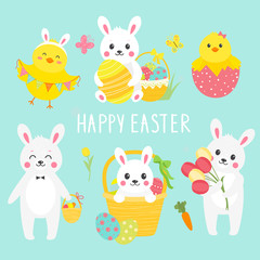 Collection of cute easter chicken and bunny.