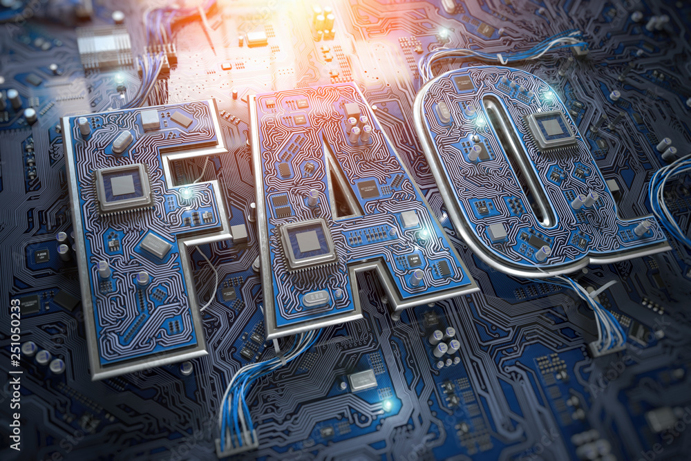 Poster FAQ Frequently asked questions concept. FAQ in form of circuit board on computer motherboard.