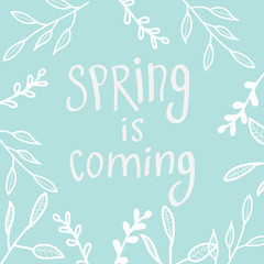 Spring is coming. Spring concept, contour white branches and leaves.