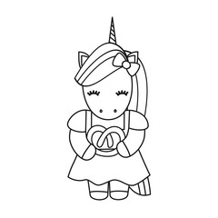 cute cartoon black and white vector unicorn with pretzel for coloring art