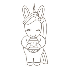 cute cartoon vector black and white easter unicorn with egg holiday illustration for coloring art