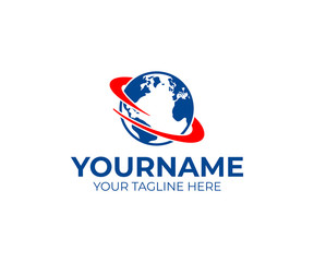 Logistic, planet earth with spin or swirl around it, logo design. Logistics, fast delivery of goods and freight transportation, vector design and illustration