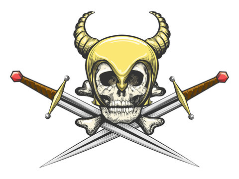 Viking Skull in Helmet with Swords