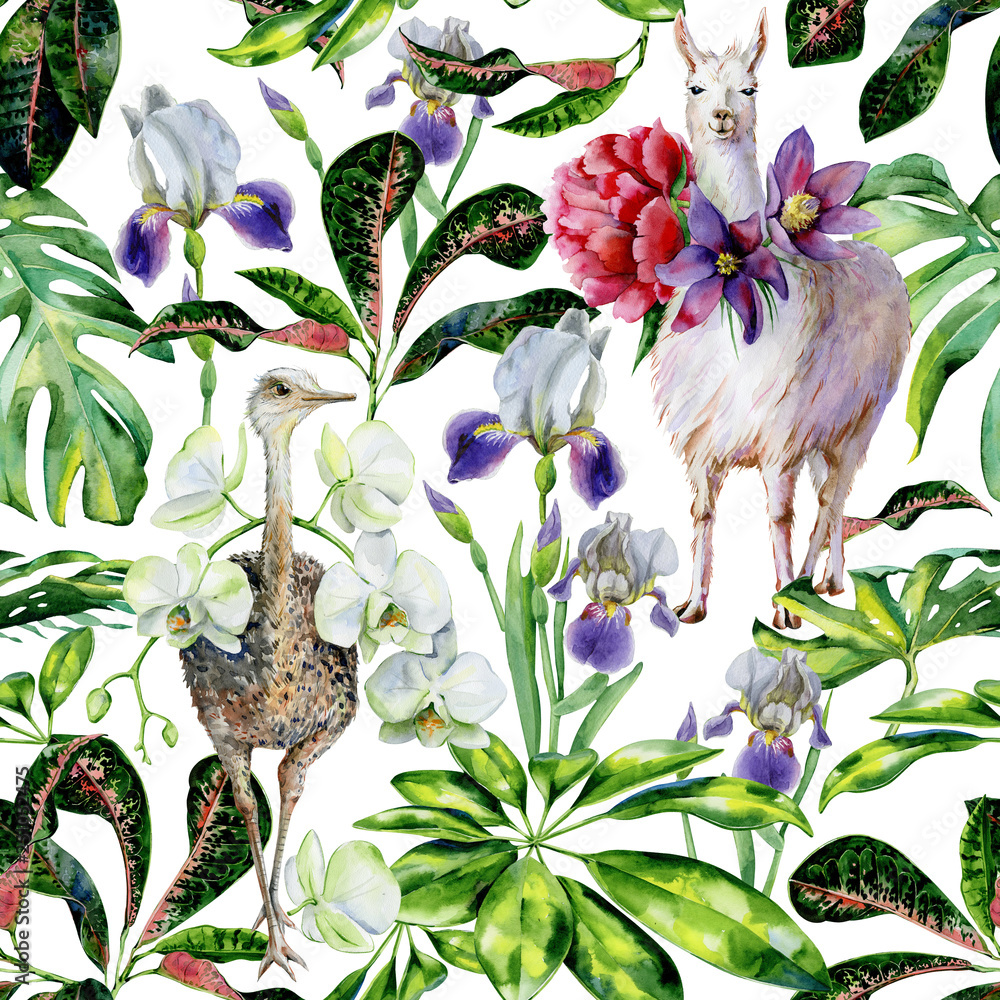 Wall mural Watercolor seamless tropical pattern of  alpaca, ostrich and cartoon llama with pasque-flower, peony, orchid. Exotic leaves of schefflera, croton, monstera. Use as wallpaper, wrapping paper.