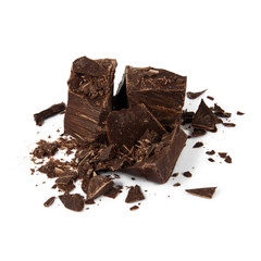 Pieses of black chocolate isolated on white background
